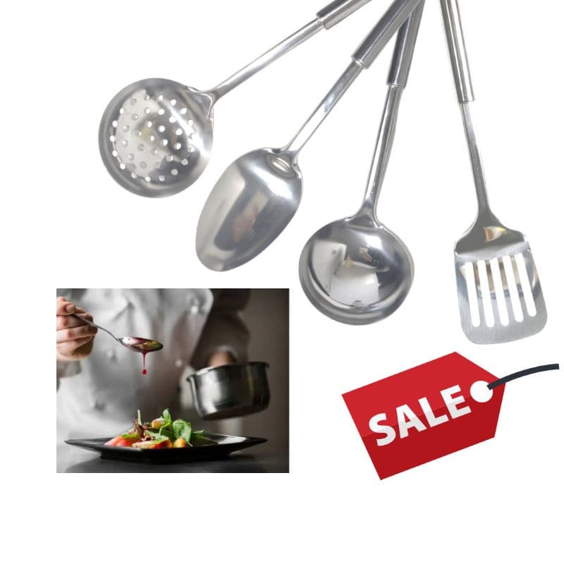 Kit Utensílios de Inox 4 Peças Colher de Arroz Concha Escumadeira Escumadeira Vazada Promoção