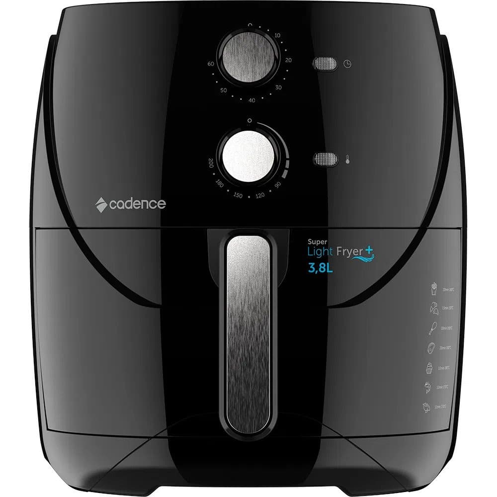 Fritadeira sem óleo Cadence Super Light Fryer 3,8L, preta com detalhes prateados, controles visíveis, fundo branco