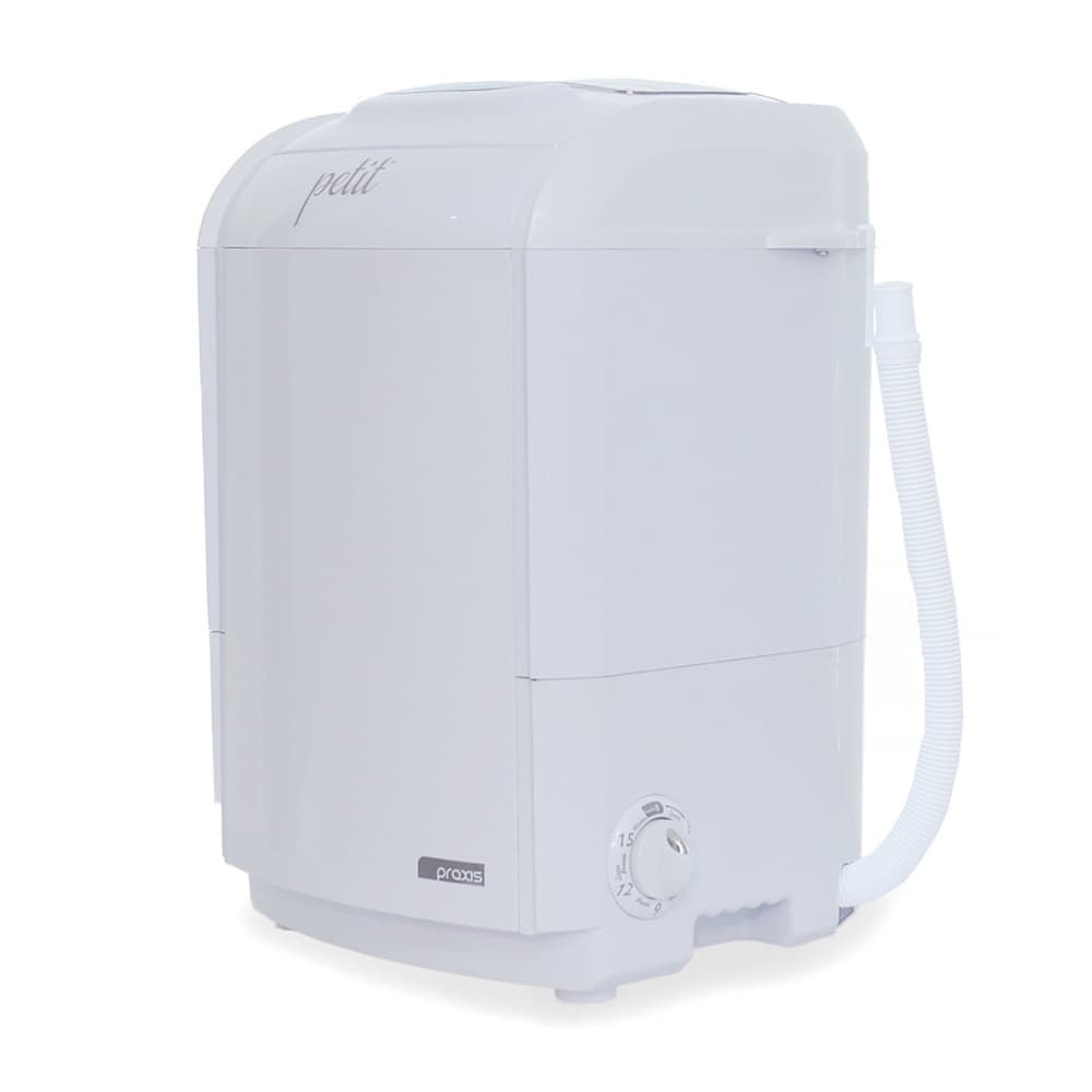 Máquina de lavar roupa branca Praxis Petit 1.2kg 220V, vista frontal com detalhes do painel e tubo de saída