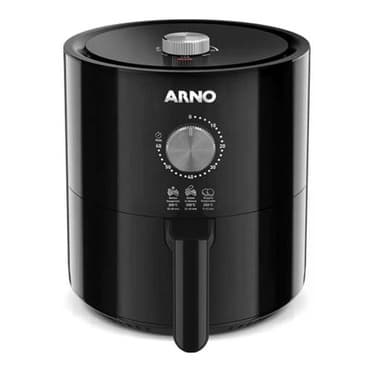 Airfryer Arno Ultra Mecânica Preta Ufyp 220v, ângulo frontal, fundo branco, controle rotativo, alça de manuseio, logotipo ARNO, ícones de tempo e temperatura.