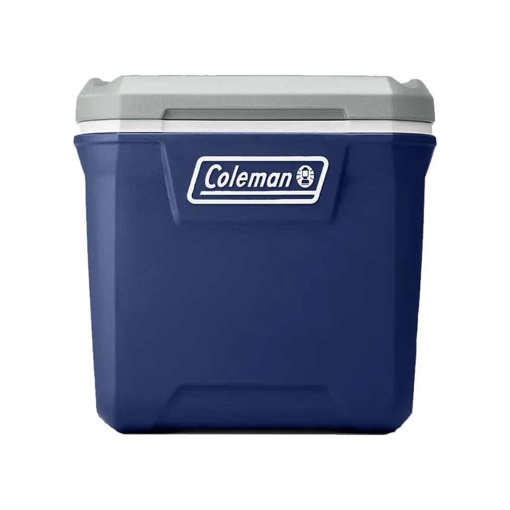 Caixa térmica azul Coleman 65Qt com logo e tampa cinza, fundo branco