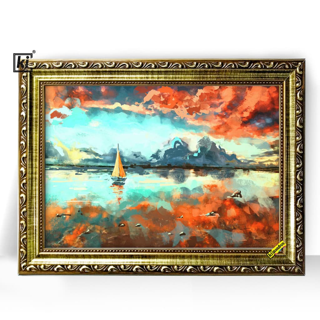 Quadro abstrato com vela ao crepúsculo em moldura dourada 47x35cm