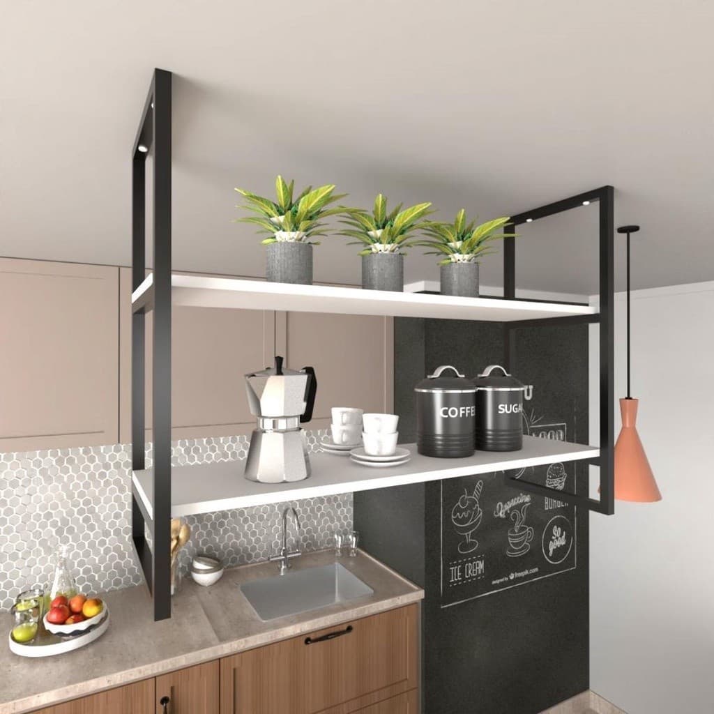 Nicho Industrial Suspenso Teto Cozinha prateleira industrial suspensa nicho industrial nichos para cozinha suporte para prateleira industrial E-Nichos