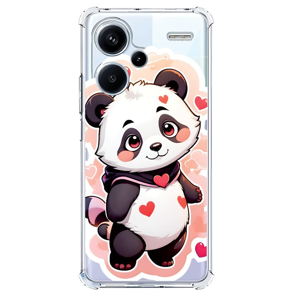 Capinha transparente Xiaomi Redmi Note com design de panda branco e coração rosa