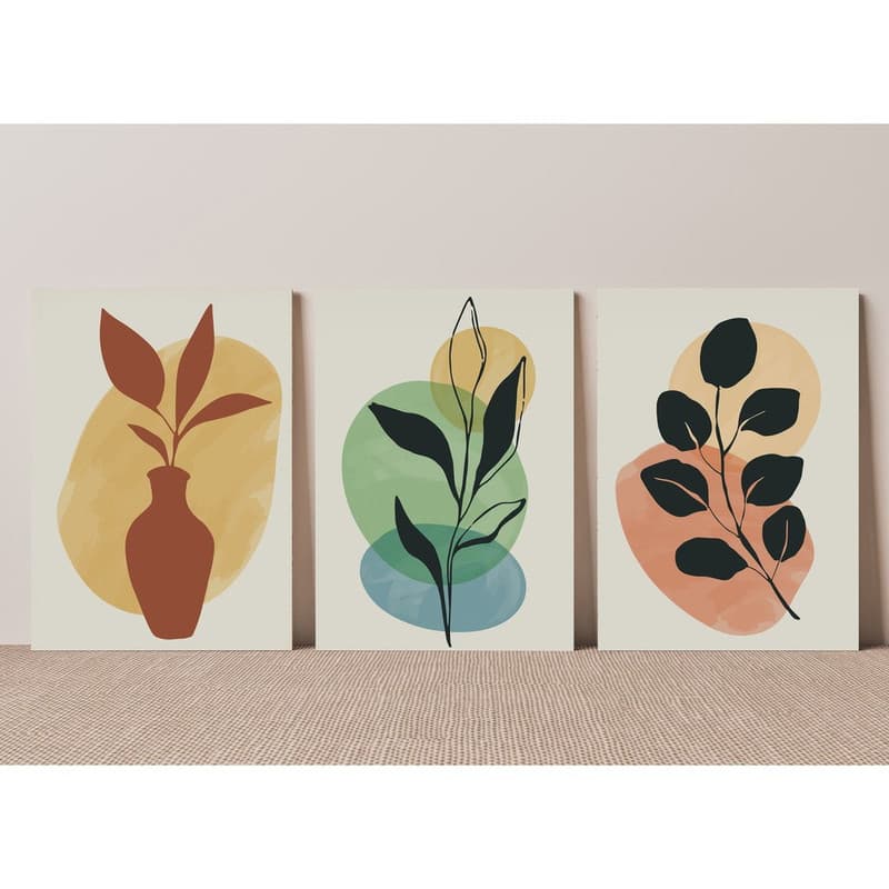 Quadros decorativos abstratos com plantas e vasos em cores verdes, pretas e marrons contra fundo rosa