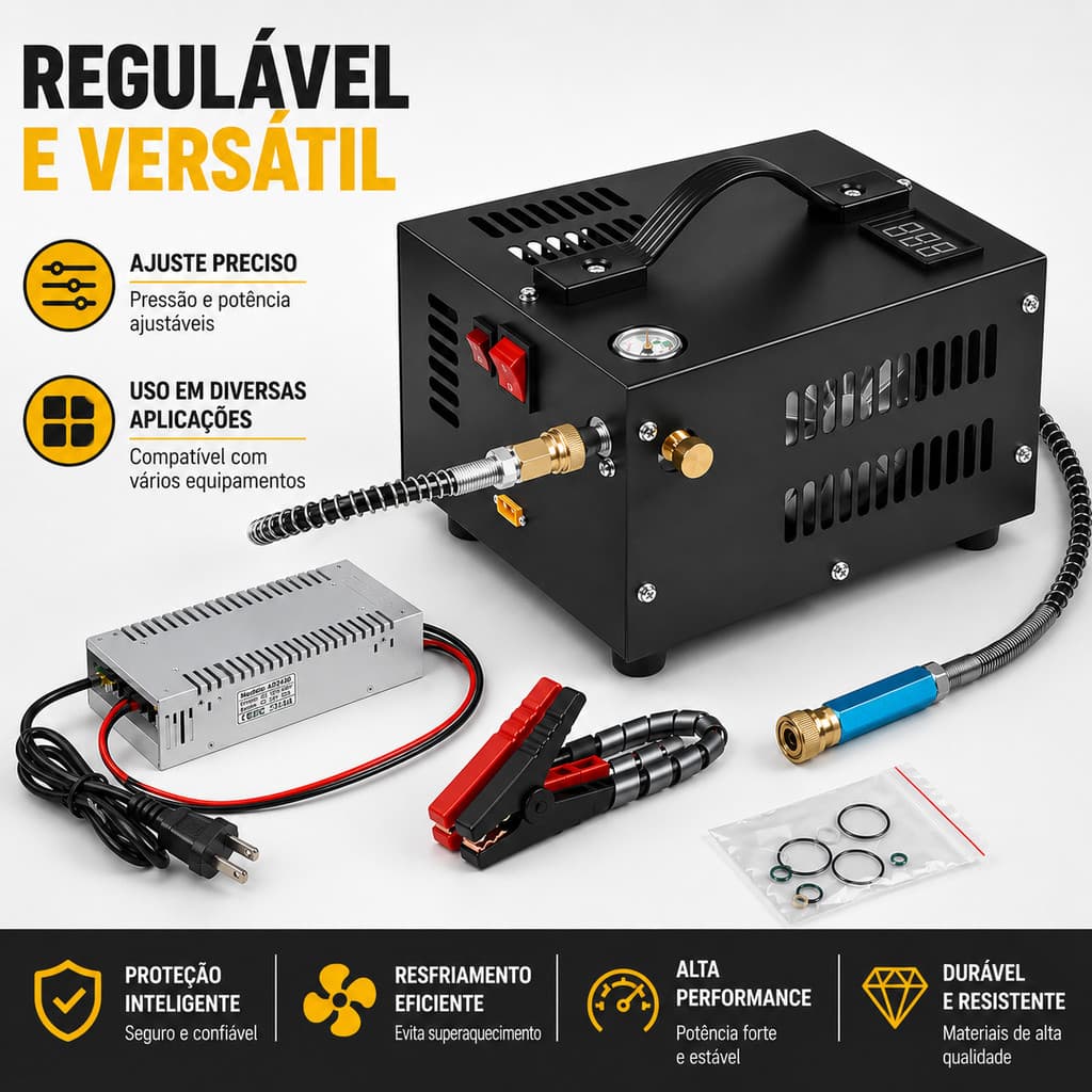Compressor de ar PCP 30mpa 12V de alta pressão com transformador 220V, preto, com tanque cilíndrico, manômetro e válvula de ajuste.