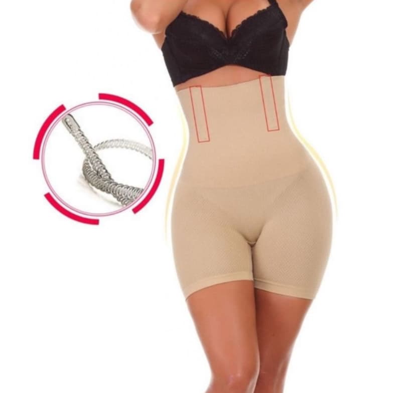 Cinta modeladora de shorts bege com quatro barbatanas de aço, foco nas pernas e área abdominal