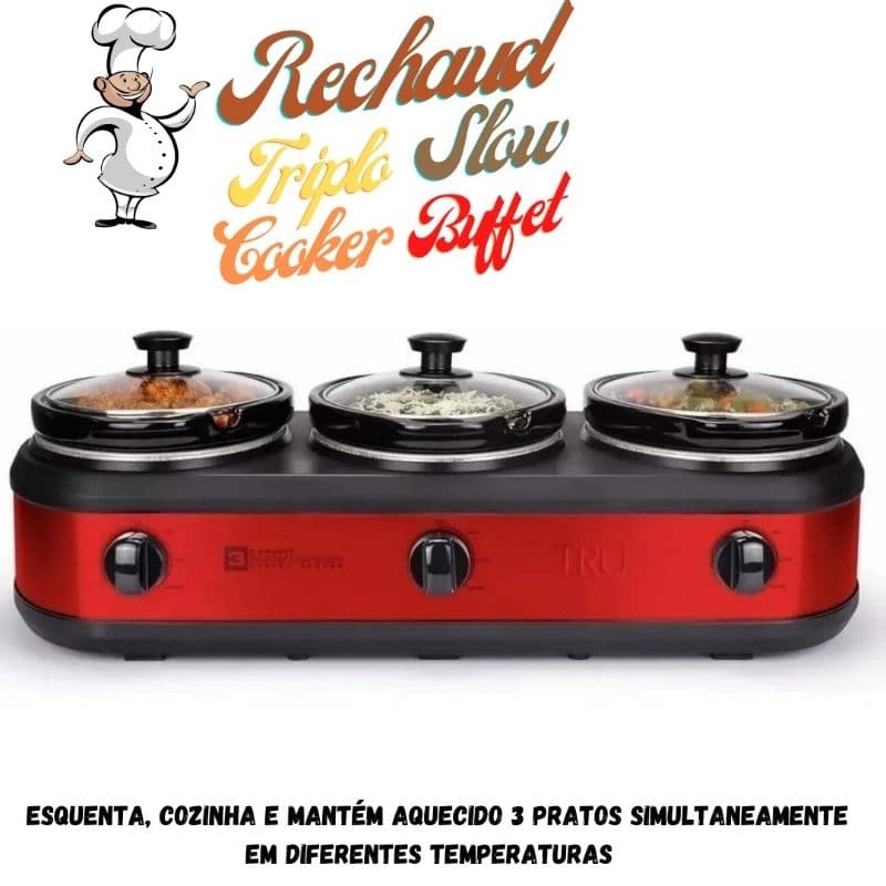 Triplo buffet elétrico com três panelas de 2.4L, controle de temperatura, cor vermelha e preta.