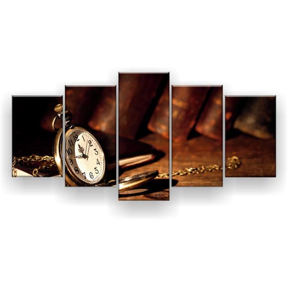 Quadros Decorativo Mosaico 5 peças Sala Quarto Mdf Alta Resolução Full HD Relógio De Bolso
