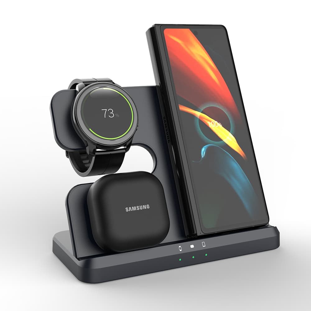 Dock de carregamento sem fio Samsung com smartphone, smartwatch e dispositivo de carregamento