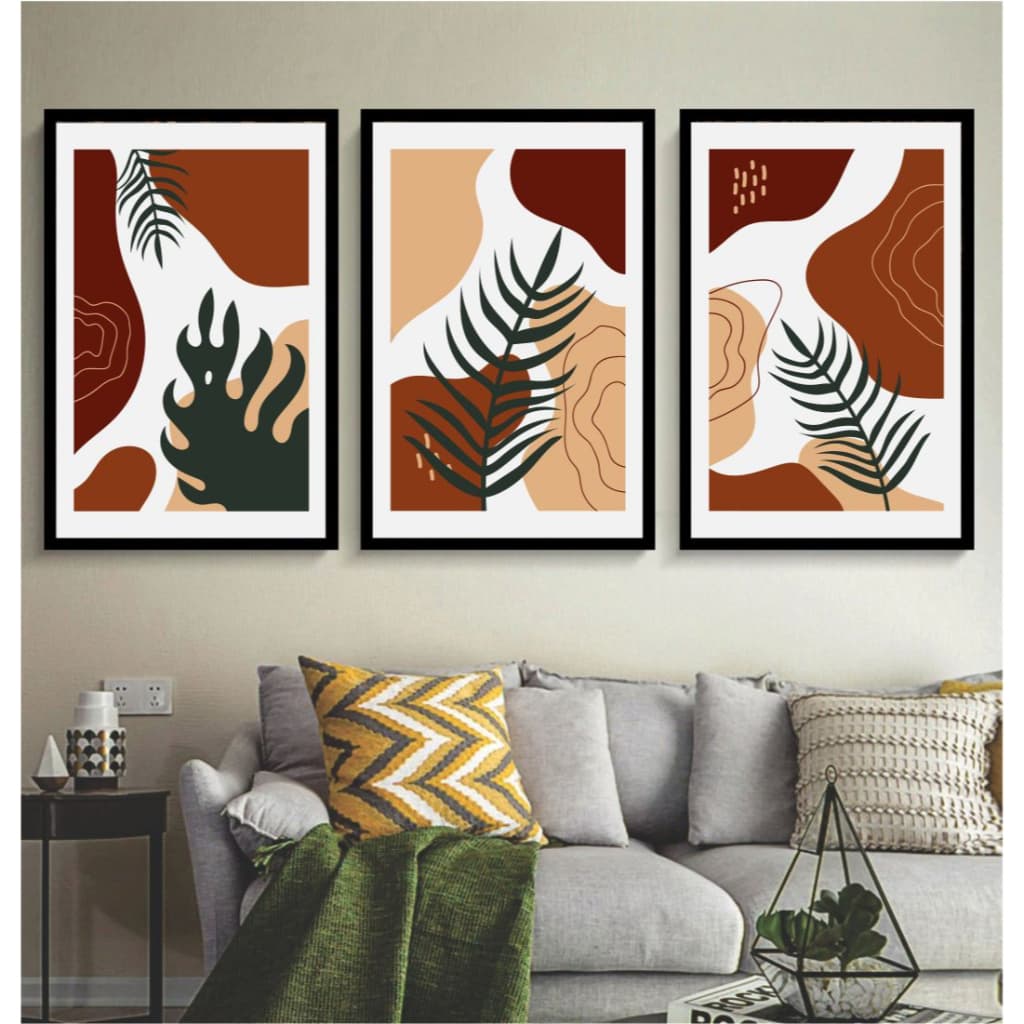 Kit 3 quadros decorativos abstratos modernos para sala de estar com molduras pretas