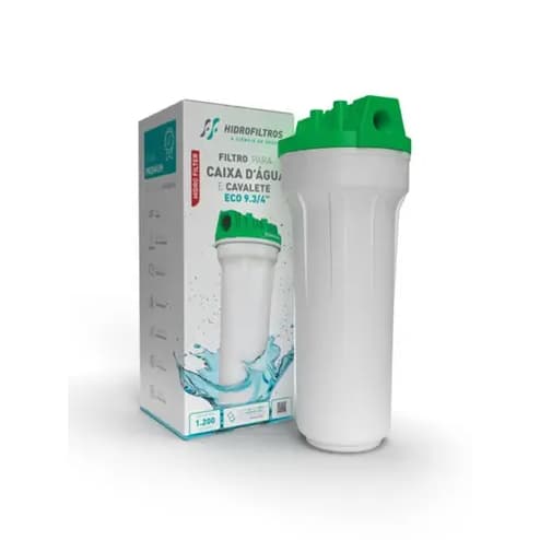Filtro para caixa d'água e cavalete 9.3/4' Eco Hidro Filtros, branco com tampa verde, ao lado da embalagem.
