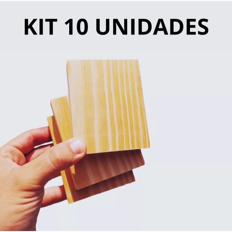Kit 10 mini porta retratos em madeira pinus, 7x10cm, aparência natural com veios visíveis, fundo branco, texto 'KIT 10 UNIDADES'.