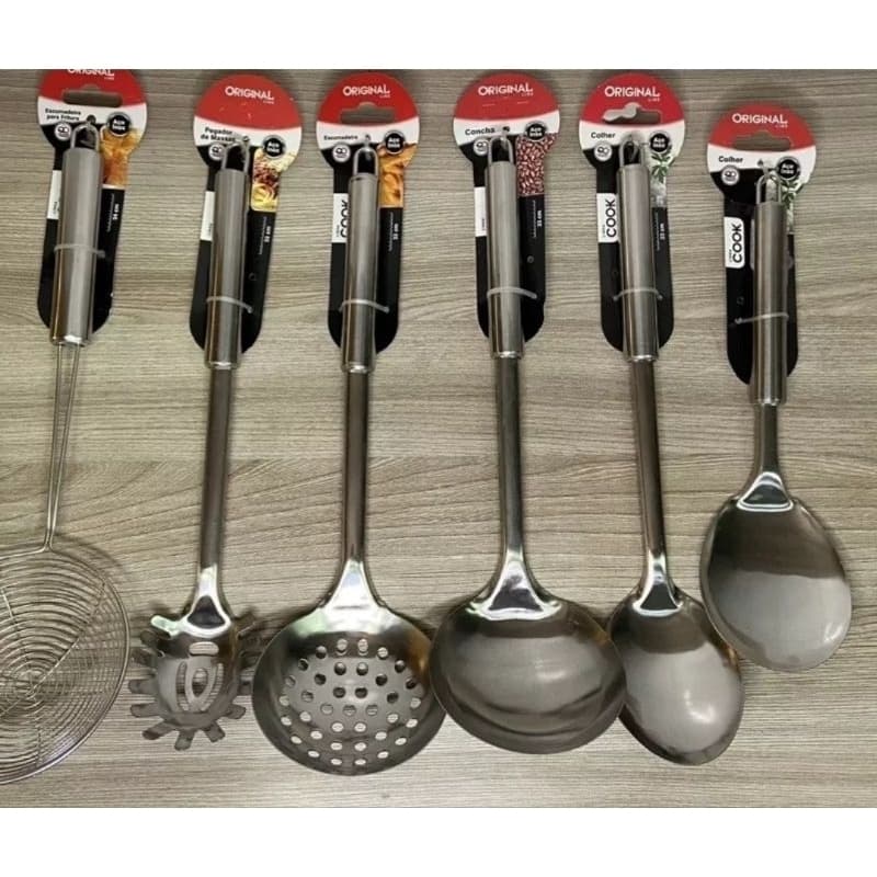 Kit 6 Colheres Cook Premium Original Line Extra Grande - Escumadeira, pecador, concha, colher longa e colher de inox