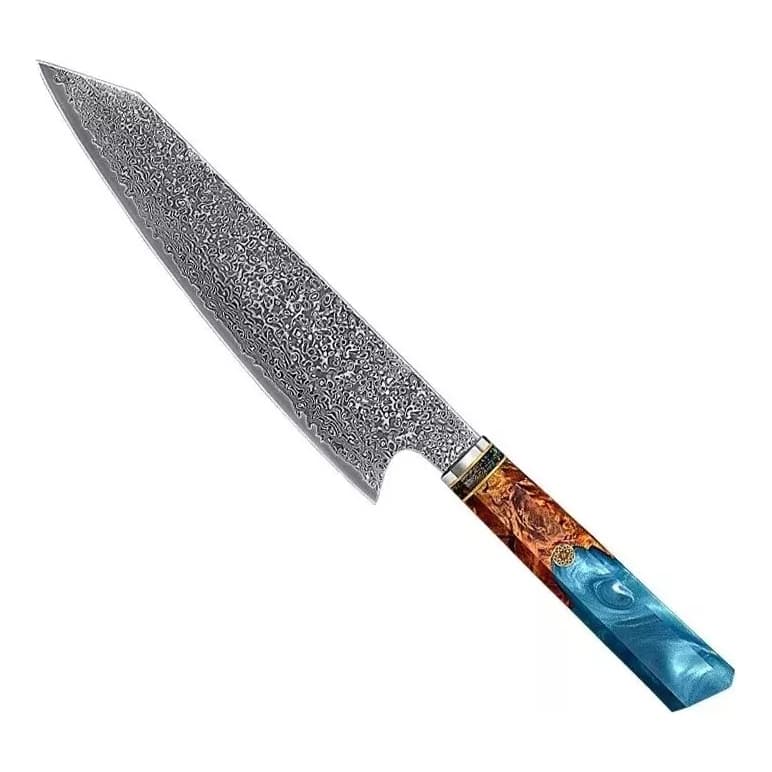Faca de chef 8 polegadas com lâmina de aço damasceno VG-10 e cabo azul com padrão de ondas