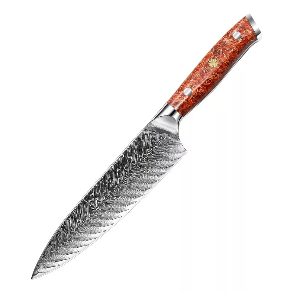 Faca Profissional Chef Churrasco Sashimi Aço Damasco Japão com lâmina ondulada e cabo vermelho