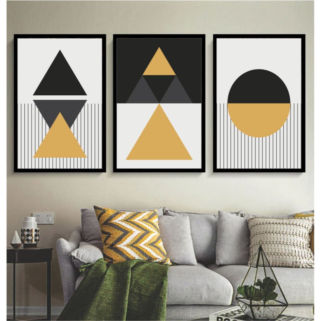 Kit 3 quadros abstratos geométricos dourado preto minimalista decoração moderna