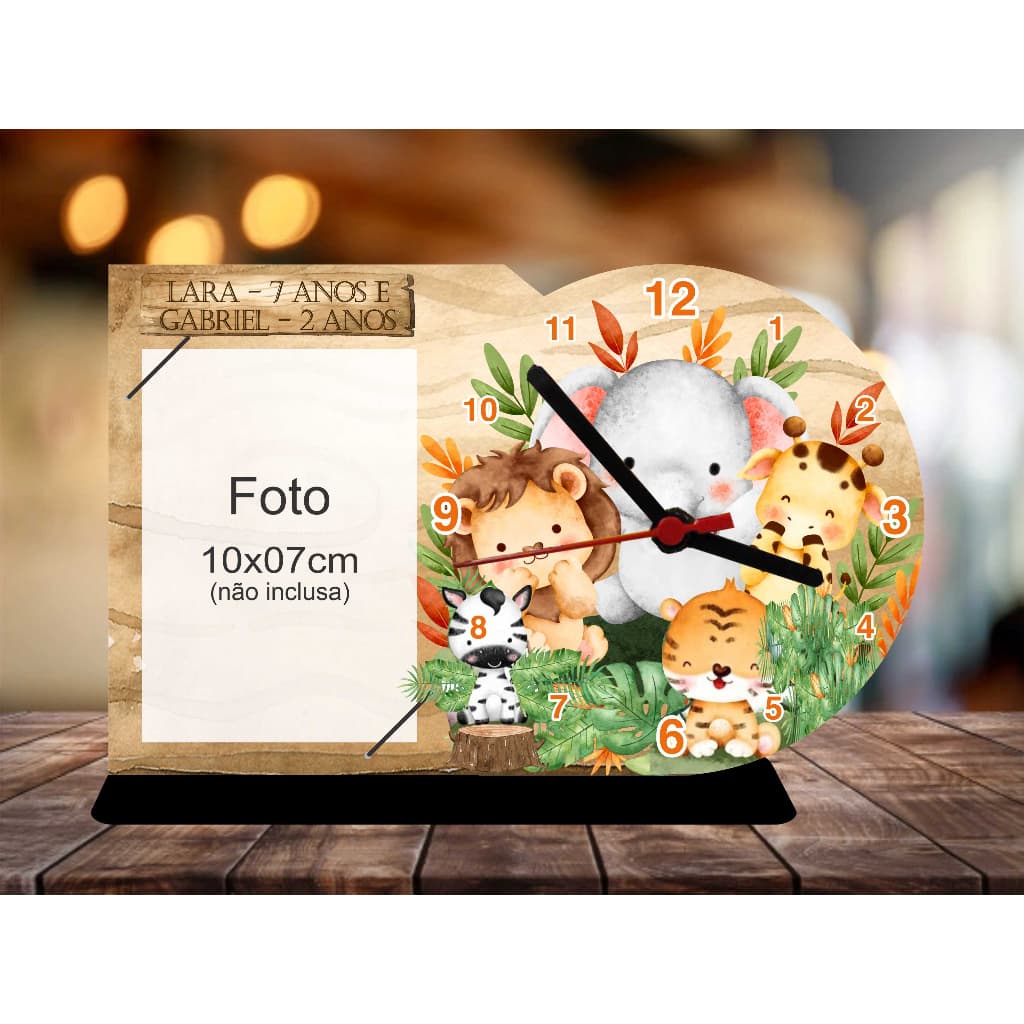 Porta retrato com relógio de parede safari, madeira, animais, 10x07cm