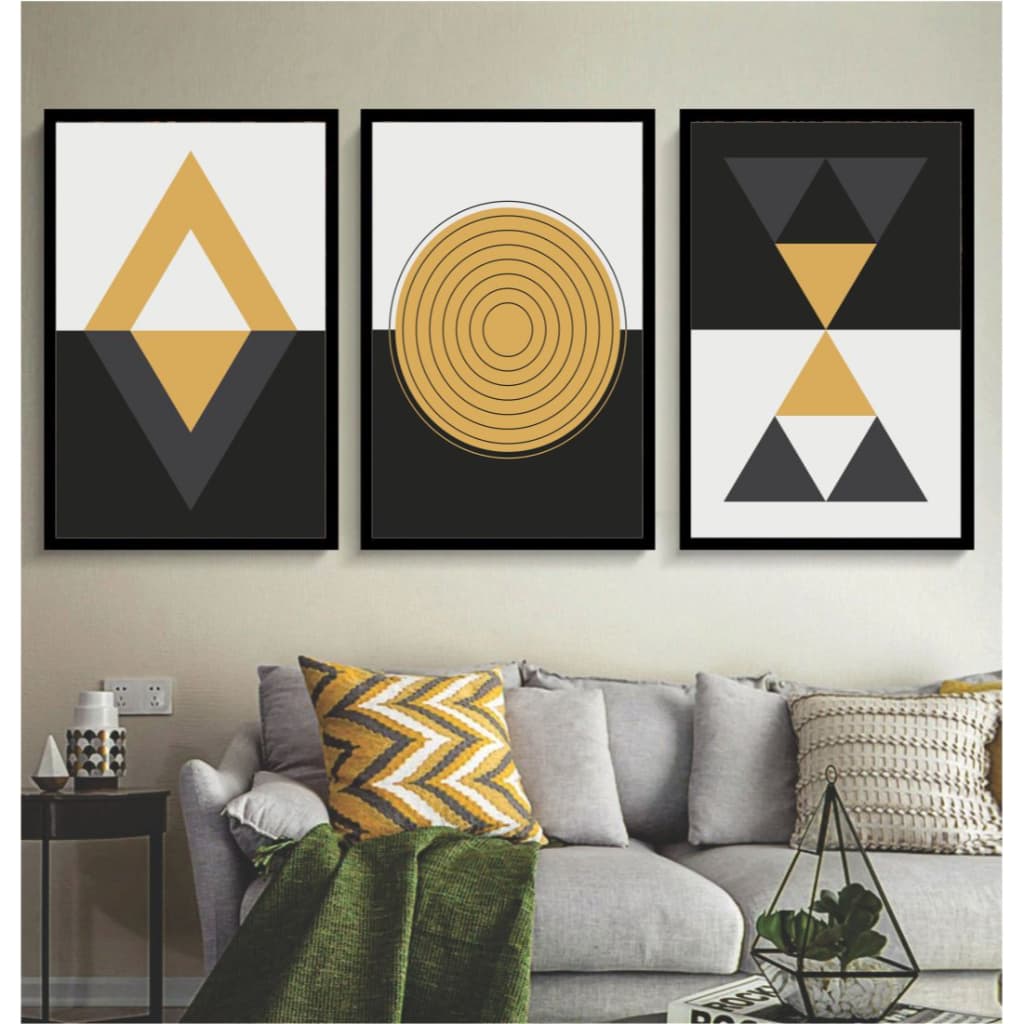kit 3 quadros abstrato geométrico dourado preto formas geométricas com molduras