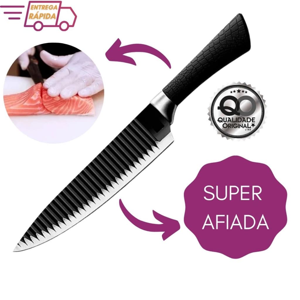 Faca Super Afiada Chef Shark Profissional para Peixe Carne Legumes - Cabo Preto Texturizado, Lâmina Serrilhada em Aço Inoxidável