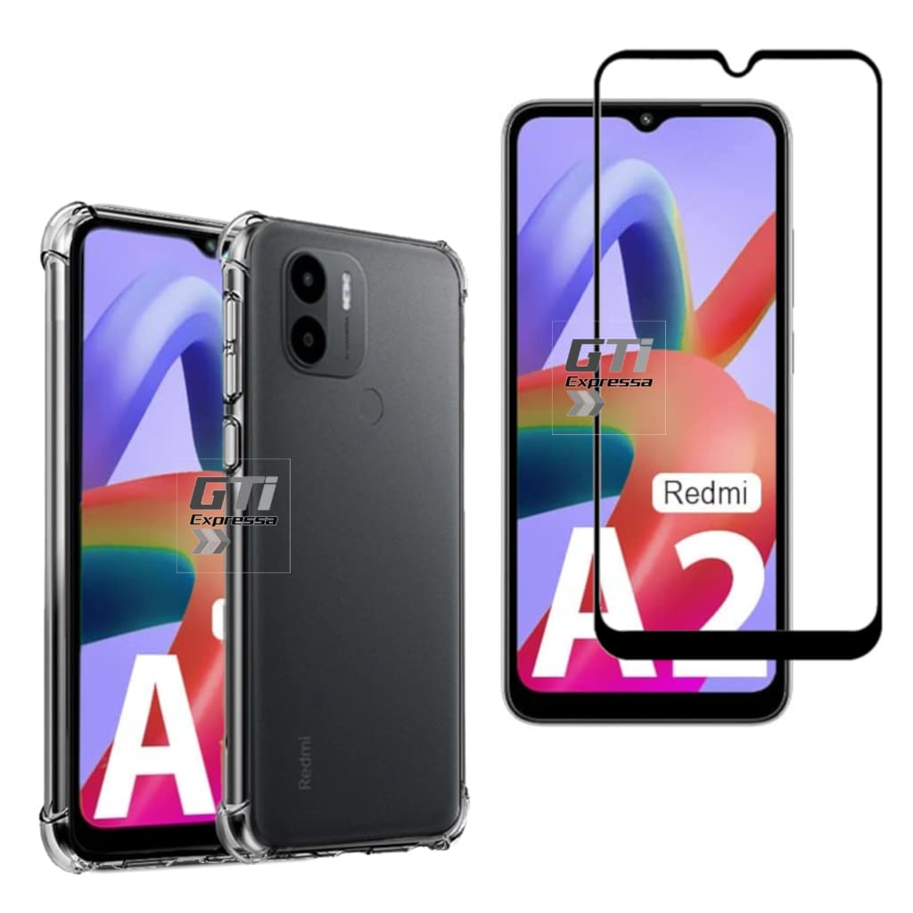 Smartphone Xiaomi Redmi A2 Plus com capa transparente e protetor de tela