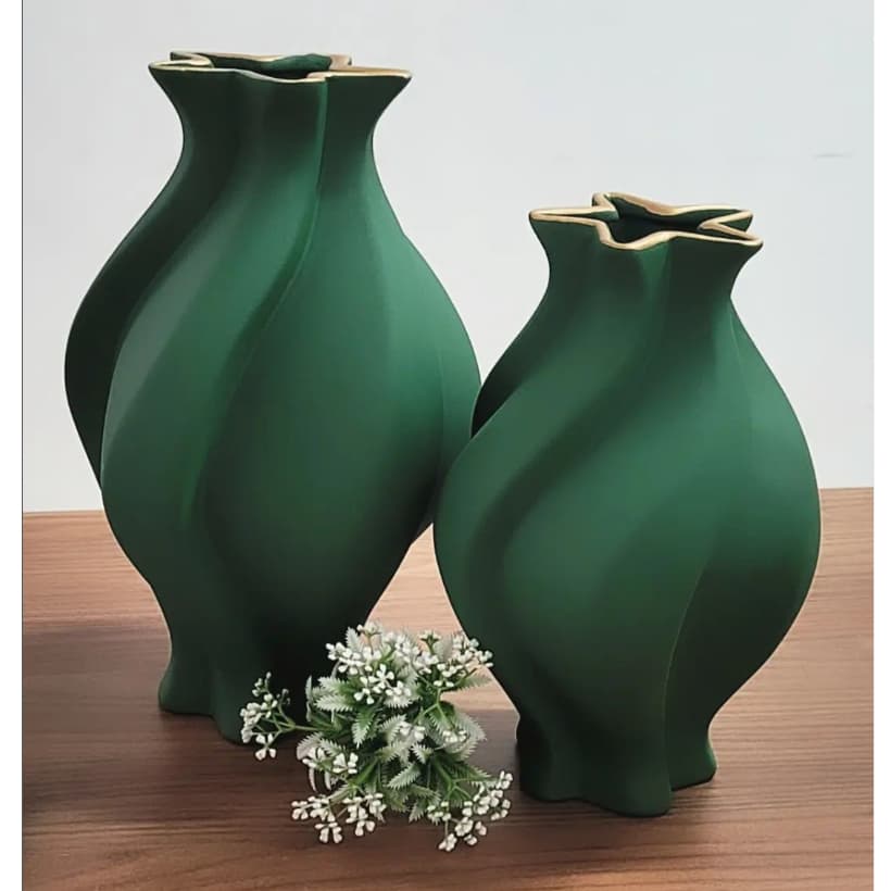Kit 2 peças vasos decorativos grandes verdes com detalhes dourados