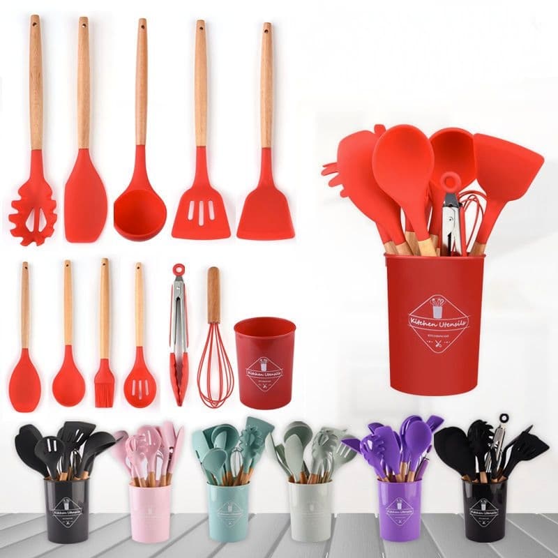 Kit 12 Peças conjunto utensílios Silicone De Cozinha Colher escumadeira concha escumadeiras fouet espatula de cozinha pegador de macarrao