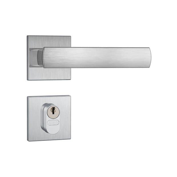 Fechadura de porta externa em aço inoxidável escovado com roseta quadrada, vista frontal