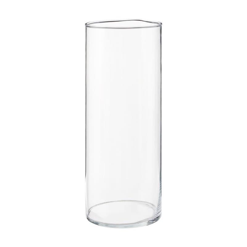 Vaso cilíndrico de vidro transparente, ideal para decoração.
