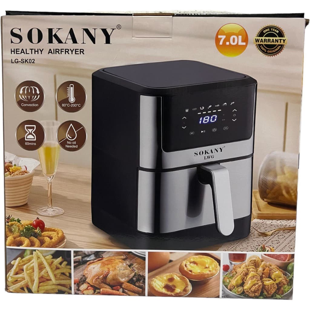 Fritadeira elétrica digital touch Sokany 7 litros, box com alimentos fritos