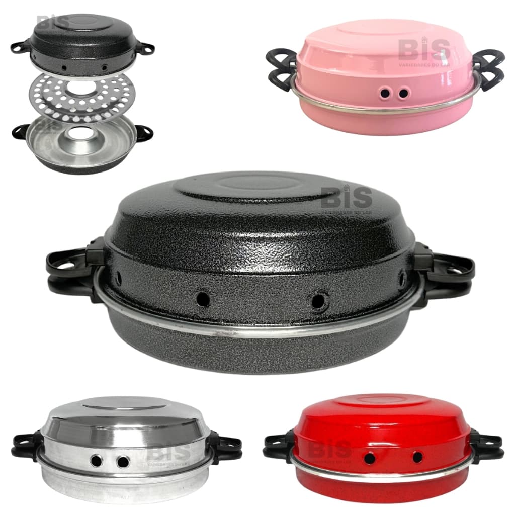 Churrasqueira para fogão em alumínio, cores preto, rosa, vermelho e prata, com alças pretas e tampas com orifícios
