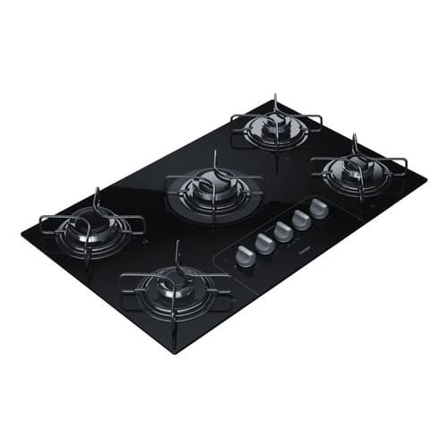 Cooktop fogão a gás 5 bocas preto com vidro e controles deslizantes