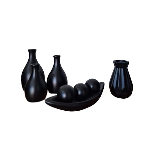 Kit decorativo de cerâmica preta com cinco peças, incluindo vasos e esferas