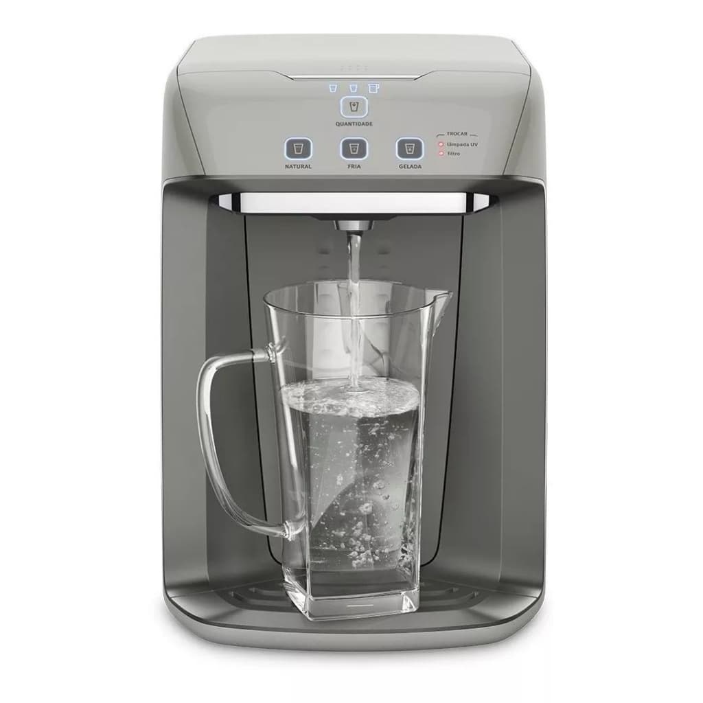 Purificador de água Electrolux em prata com jarra de água transparente