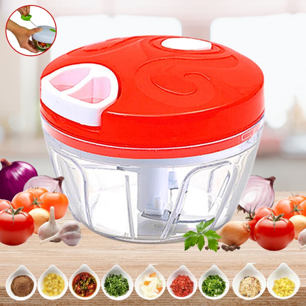 Processador manual de alimentos vermelho com tampa e base transparente, ideal para picar e triturar ingredientes, acompanhado de compartimentos para especiarias.