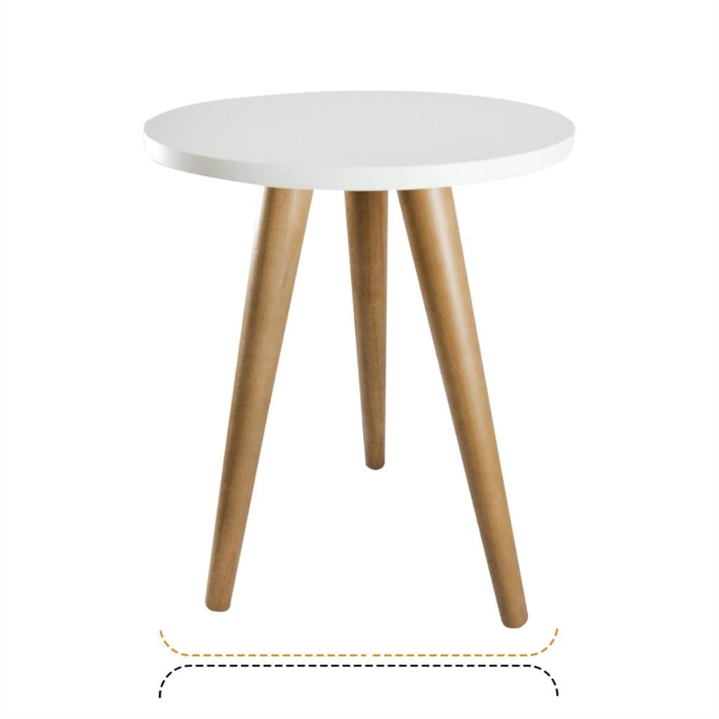 Mesa lateral redonda com tampo branco e pernas de madeira