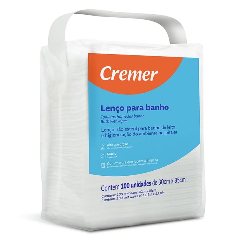 Lenços umedecidos para banho Cremer, 100 unidades, 30x35cm