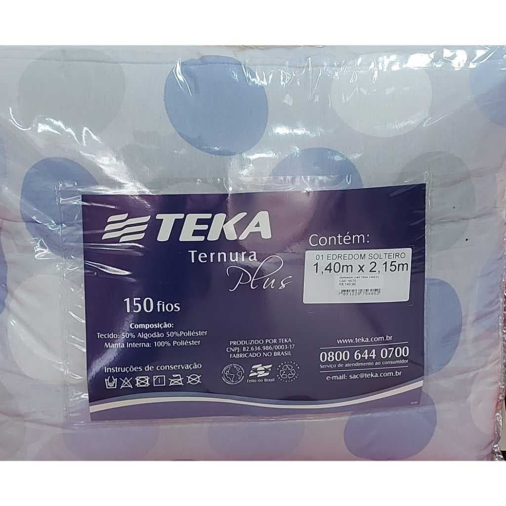 Edredom Ternura Plus solteiro da Teka azul com estampa de círculos, embalagem com etiqueta informativa.