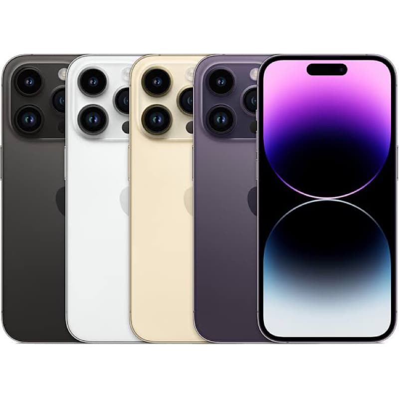 iPhone 14 em cores preto, branco, bege e roxo, com câmera traseira e display desligado