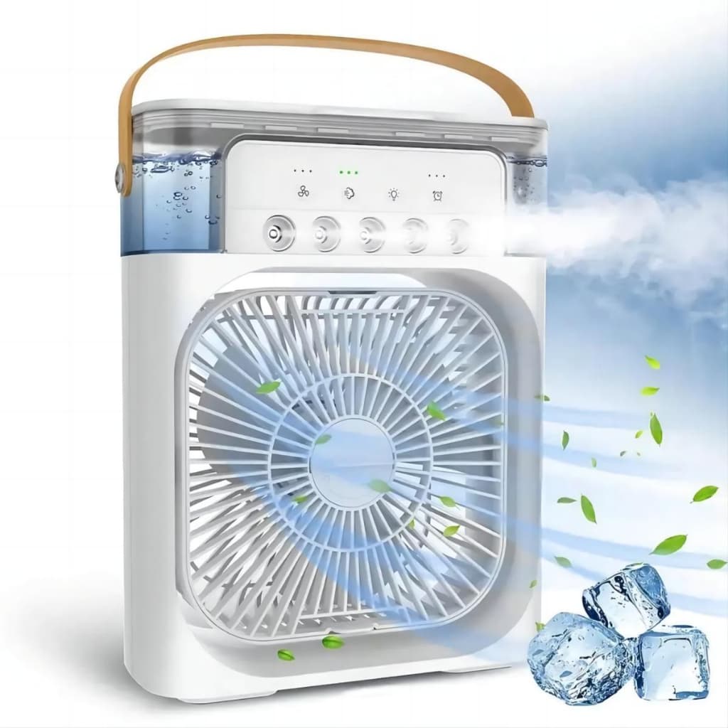 Refrigerador de ar portátil com ventilador e umidificador, reservatório de água e alça.