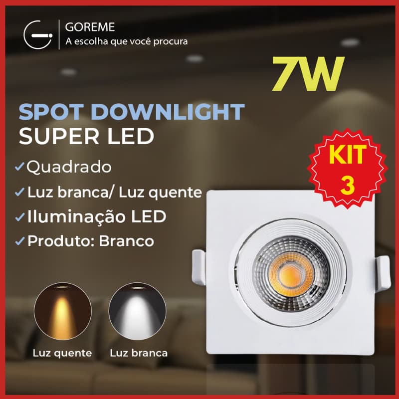 Luminária Spot LED Quadrado 7W Branco, Luz Branca/Amarela, Bivolt, para Embutir em Teto de Gesso