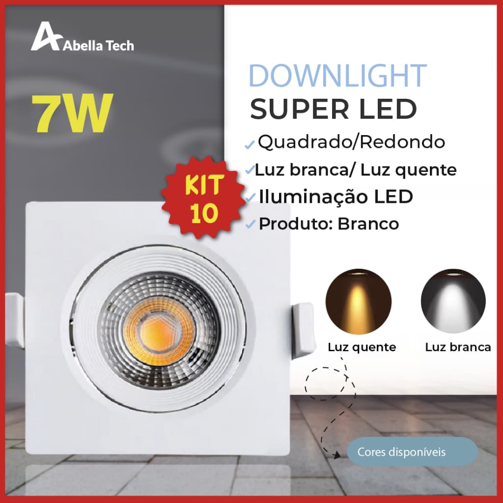 10 Luminária Spot Led Quadrado Direcionável 7W Embutir Gesso Teto | Branco Frio 6500K (Luz Branca) | Branco Quente 3000K (Luz Amarela) Bivolt Spot Super LED Pronta Entrega
