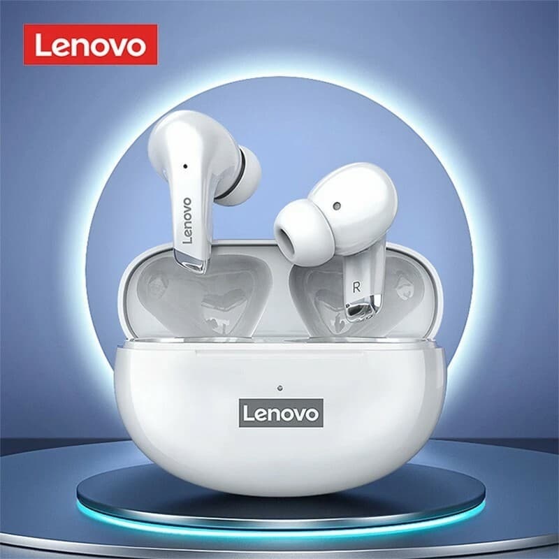 Fone de ouvido Lenovo LP5 Bluetooth 5.2 com microfone, totalmente branco, em uma base circular azul e branco, com a marca 'Lenovo' visível na parte inferior.