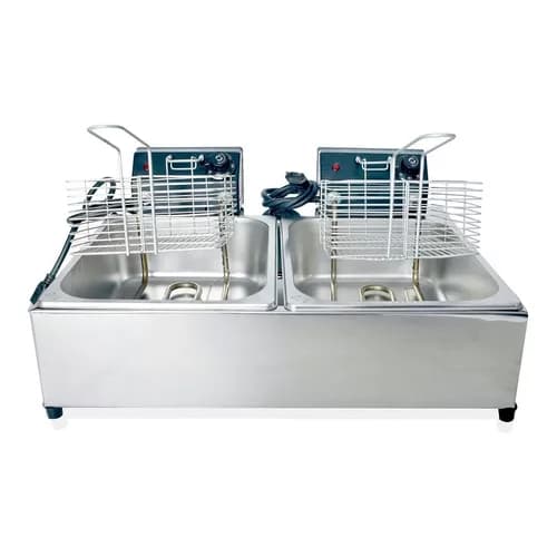 Fritadeira elétrica industrial 10 lts 2 cubas aço inox, duas cubas, fundo branco