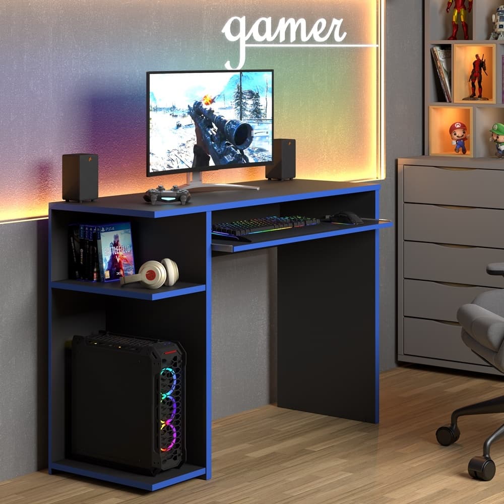 Escrivaninha Mesa Gamer Para Computador Com Nichos E Borda Colorida