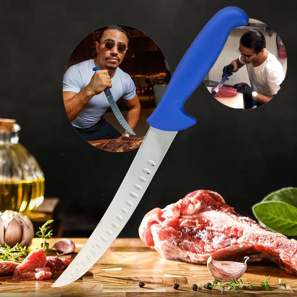 Faca de churrasco artesanal em aço inoxidável com cabo azul, cortando carne sobre um fundo com ervas aromáticas e alho.