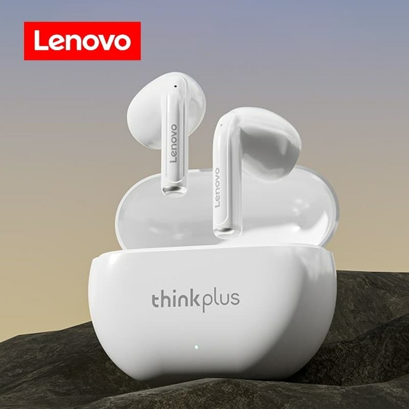 Fones de ouvido Bluetooth Lenovo XT93 em estojo branco com texto thinkplus