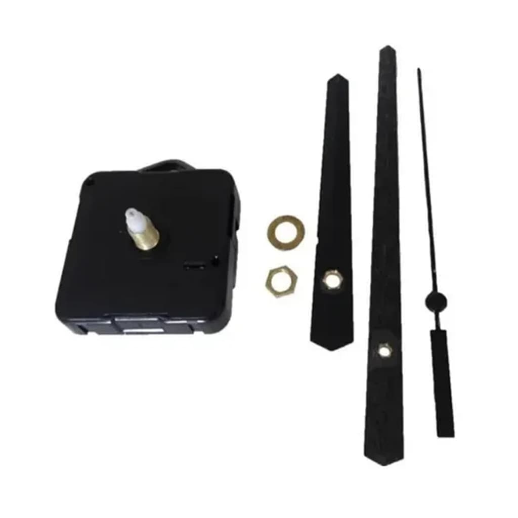 Máquina de relógio parede com componentes separados, preto e ouro, fundo branco