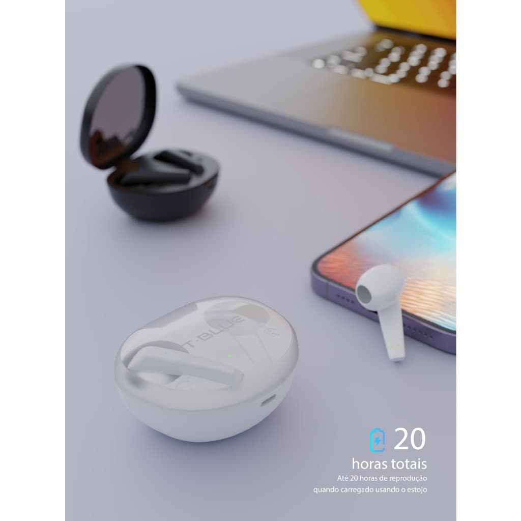 Fones de ouvido sem fio brancos IT BLUE com capa de carregamento transparente e smartphone ao lado