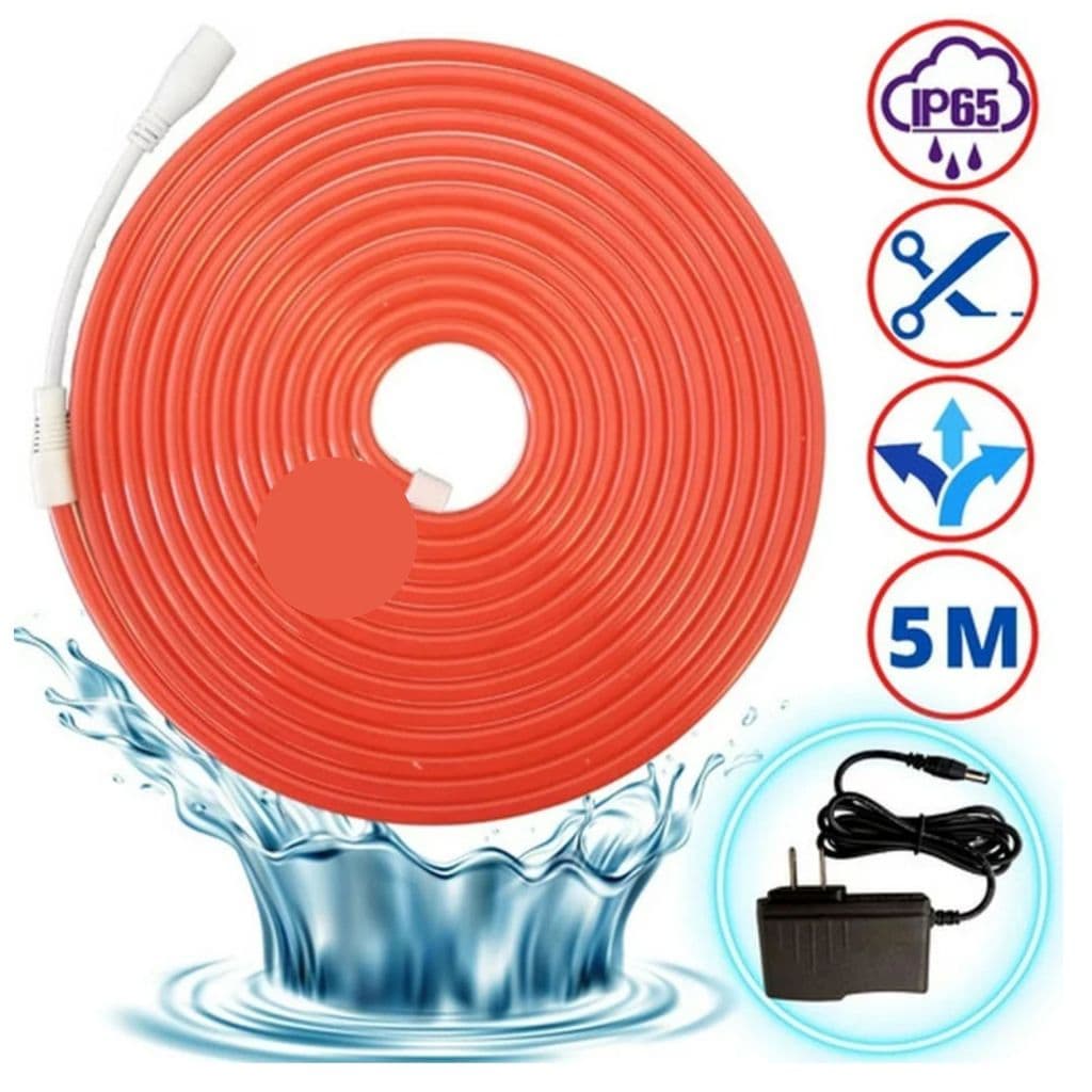 Fita LED Vermelho Neon 5m 12v com Fonte de Alimentação 3A 12v - Resistente à Água IP65